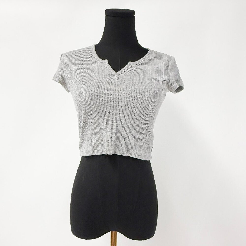 TNA WAFFLE KNIT CROPPED GREY T SHIRT HEATHER GREY